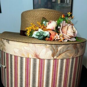 Floral Embellished Tan Hat with Box